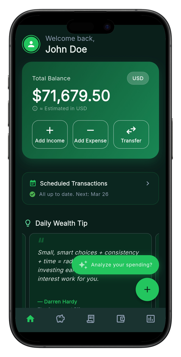 WealthMind Path app screenshot — dark mode